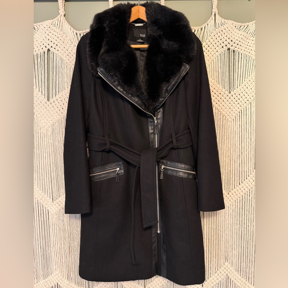 a.n.a Black Trench Coat with Fur Trim and Belt